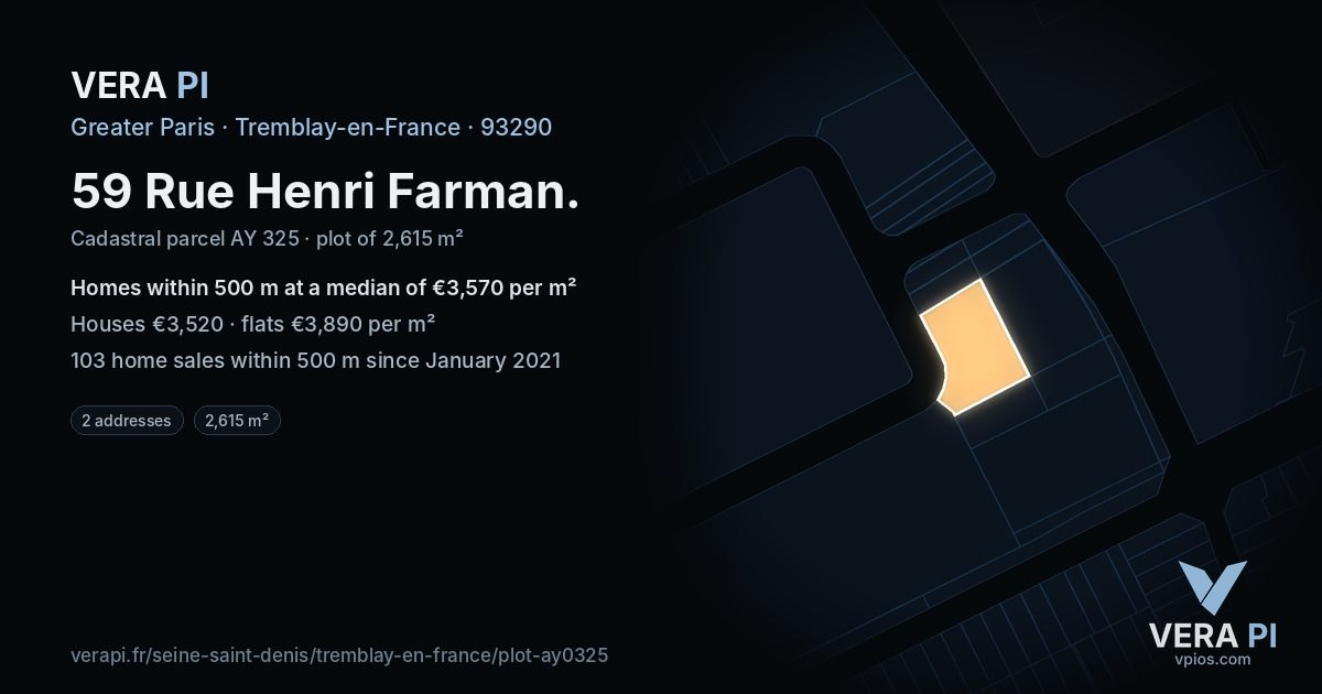 59 Rue Henri Farman, Tremblay-en-France at night – the plot lit, the parcels around coloured by the prices near them