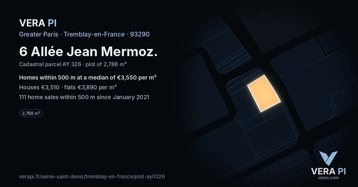 6 Allée Jean Mermoz, Tremblay-en-France at night – the plot lit, the parcels around coloured by the prices near them
