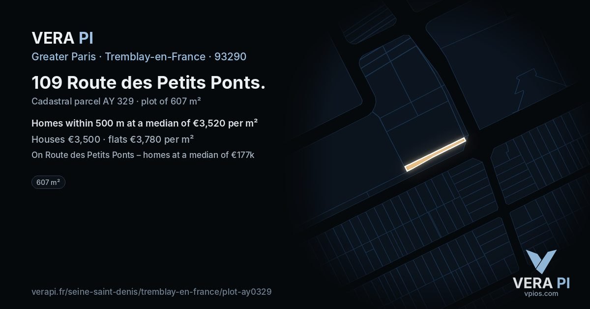 109 Route des Petits Ponts, Tremblay-en-France at night – the plot lit, the parcels around coloured by the prices near them
