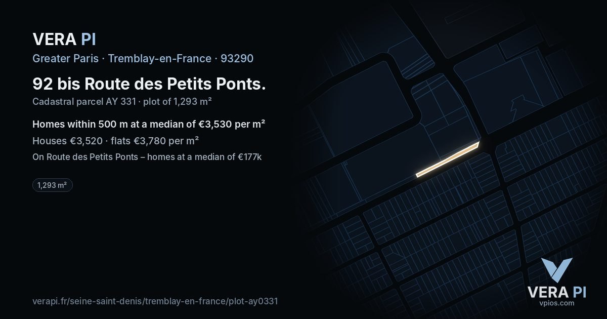 92 bis Route des Petits Ponts, Tremblay-en-France at night – the plot lit, the parcels around coloured by the prices near them