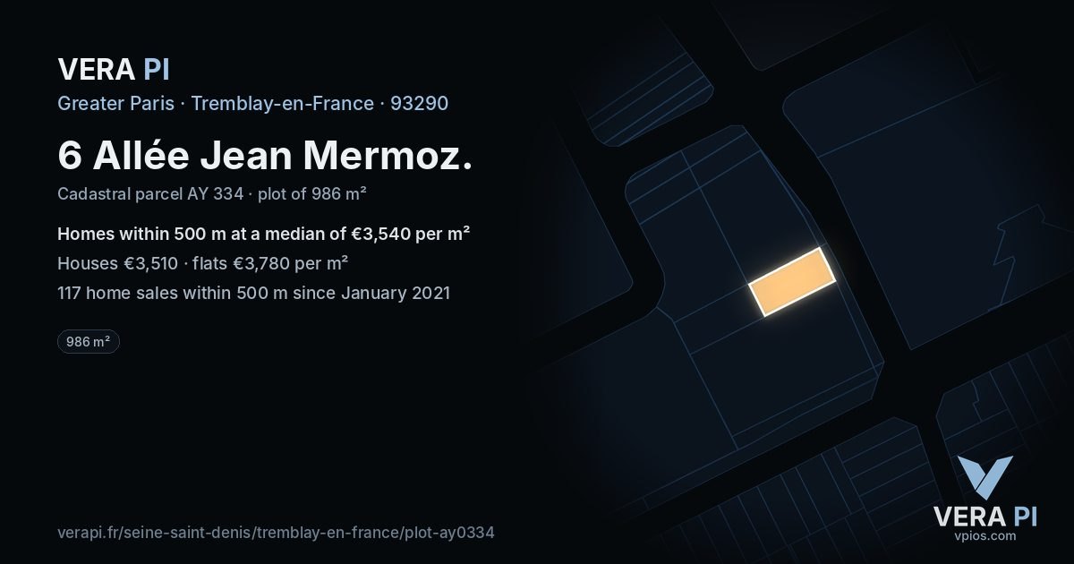 6 Allée Jean Mermoz, Tremblay-en-France at night – the plot lit, the parcels around coloured by the prices near them