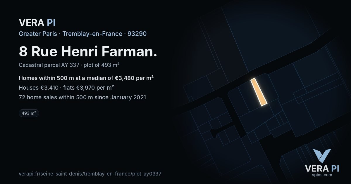 8 Rue Henri Farman, Tremblay-en-France at night – the plot lit, the parcels around coloured by the prices near them