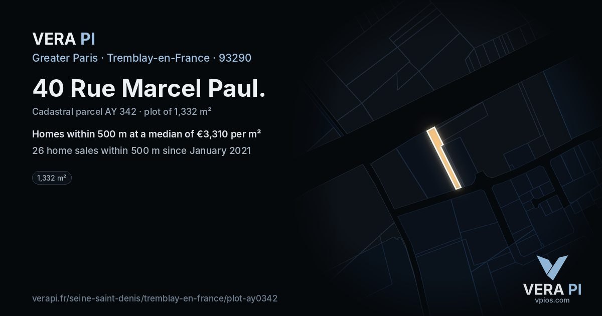 40 Rue Marcel Paul, Tremblay-en-France at night – the plot lit, the parcels around coloured by the prices near them