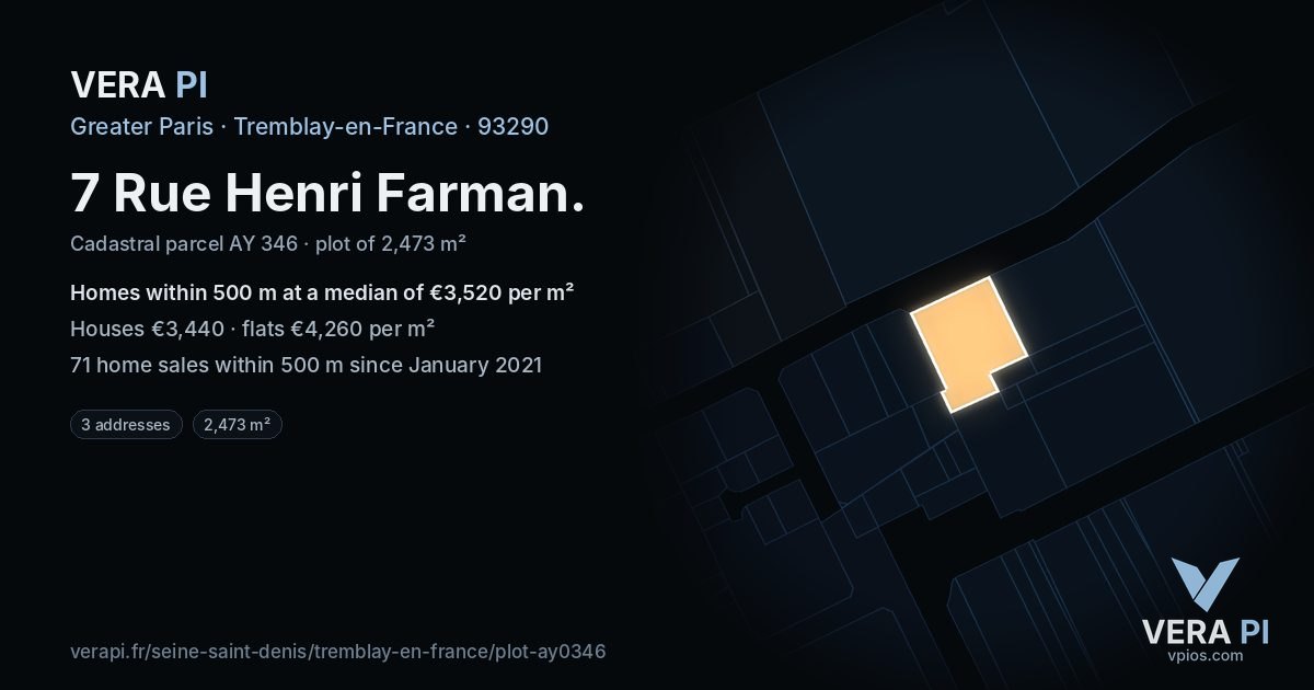 7 Rue Henri Farman, Tremblay-en-France at night – the plot lit, the parcels around coloured by the prices near them