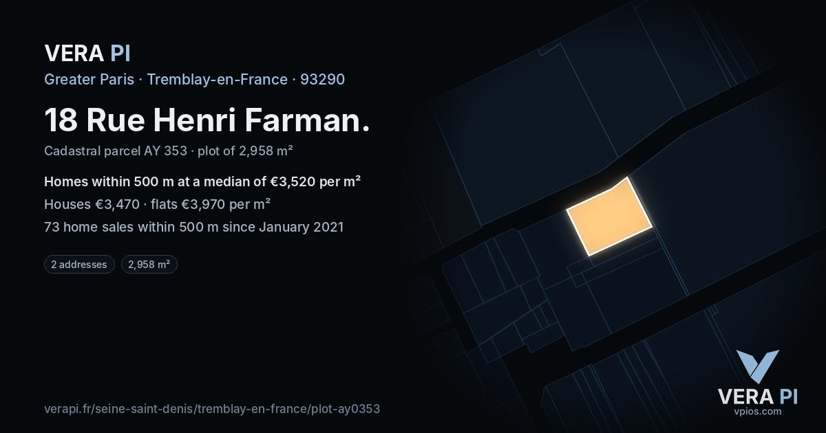 18 Rue Henri Farman, Tremblay-en-France at night – the plot lit, the parcels around coloured by the prices near them