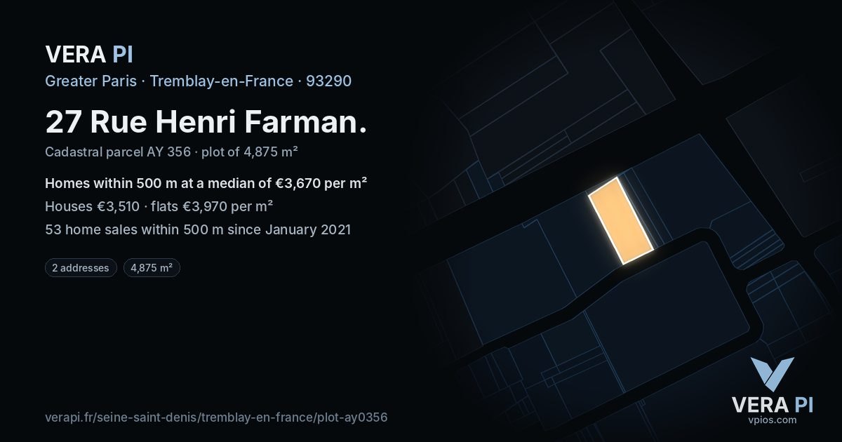 27 Rue Henri Farman, Tremblay-en-France at night – the plot lit, the parcels around coloured by the prices near them
