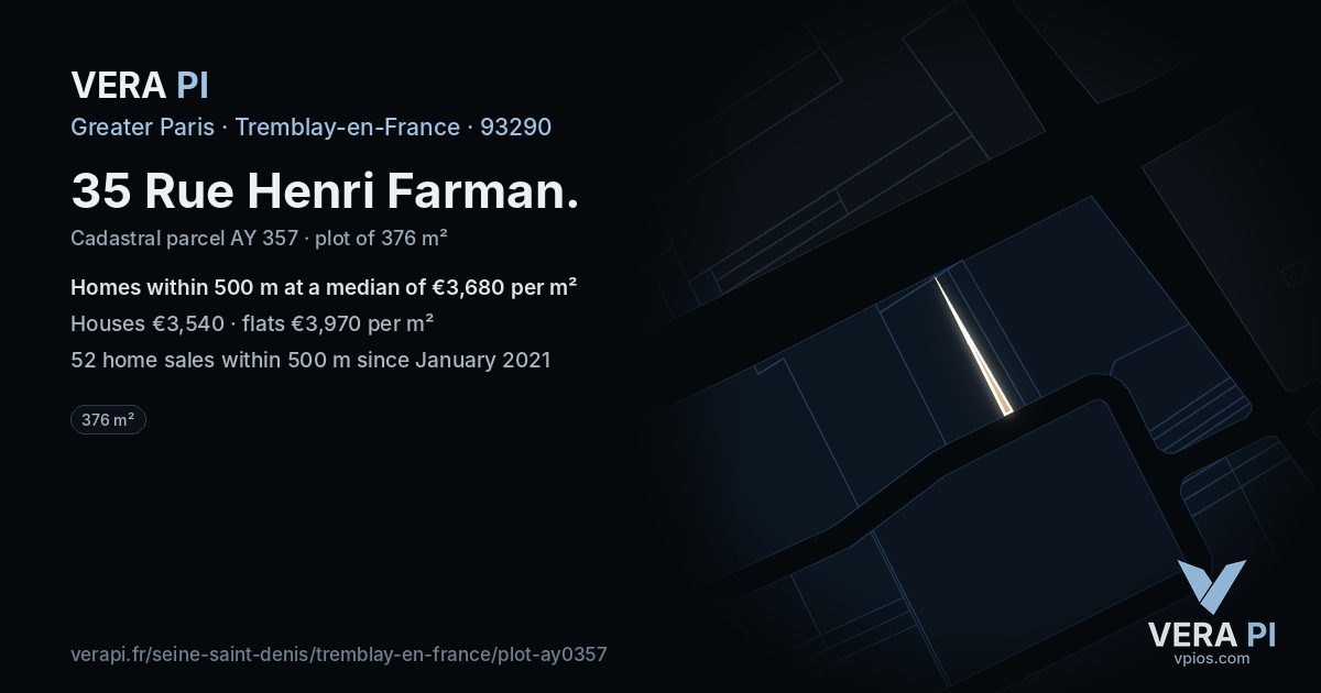 35 Rue Henri Farman, Tremblay-en-France at night – the plot lit, the parcels around coloured by the prices near them