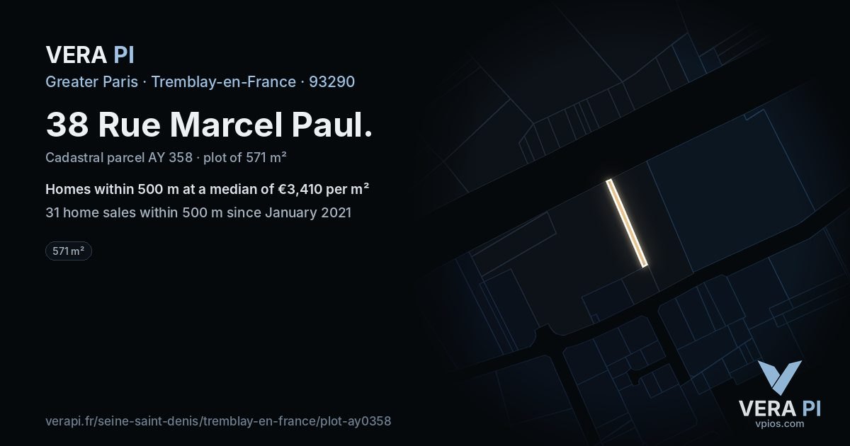 38 Rue Marcel Paul, Tremblay-en-France at night – the plot lit, the parcels around coloured by the prices near them