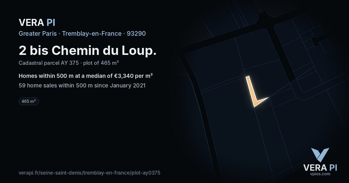 2 bis Chemin du Loup, Tremblay-en-France at night – the plot lit, the parcels around coloured by the prices near them