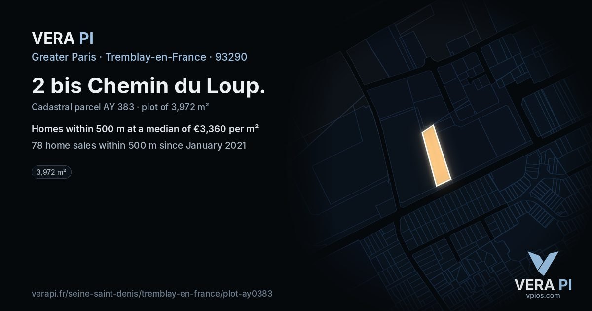 2 bis Chemin du Loup, Tremblay-en-France at night – the plot lit, the parcels around coloured by the prices near them