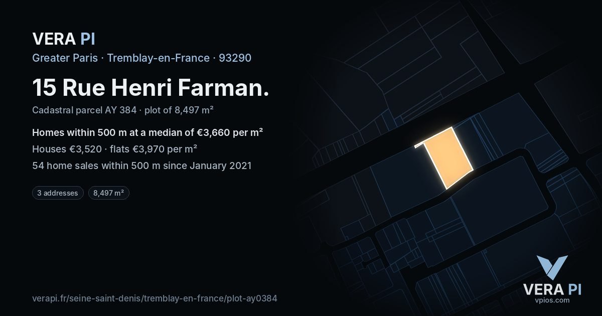 15 Rue Henri Farman, Tremblay-en-France at night – the plot lit, the parcels around coloured by the prices near them