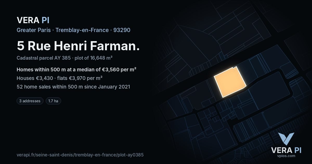 5 Rue Henri Farman, Tremblay-en-France at night – the plot lit, the parcels around coloured by the prices near them