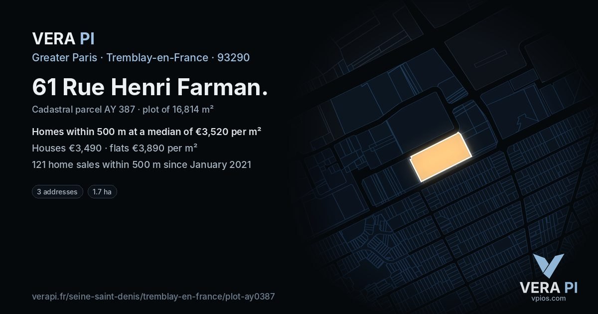 61 Rue Henri Farman, Tremblay-en-France at night – the plot lit, the parcels around coloured by the prices near them