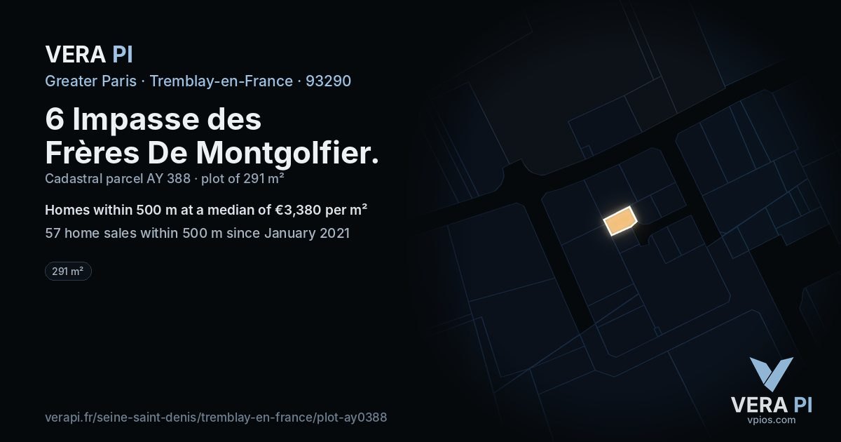 6 Impasse des Frères De Montgolfier, Tremblay-en-France at night – the plot lit, the parcels around coloured by the prices near them