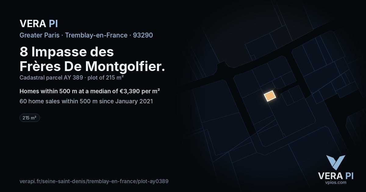 8 Impasse des Frères De Montgolfier, Tremblay-en-France at night – the plot lit, the parcels around coloured by the prices near them
