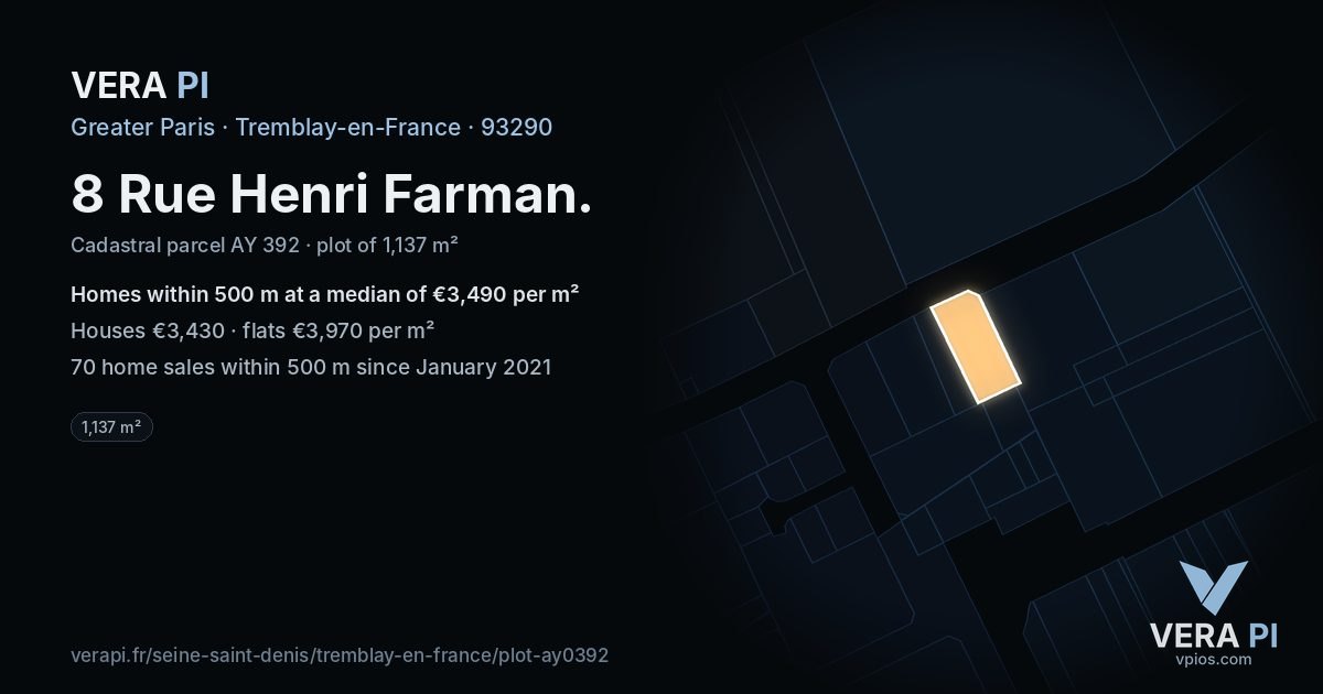 8 Rue Henri Farman, Tremblay-en-France at night – the plot lit, the parcels around coloured by the prices near them