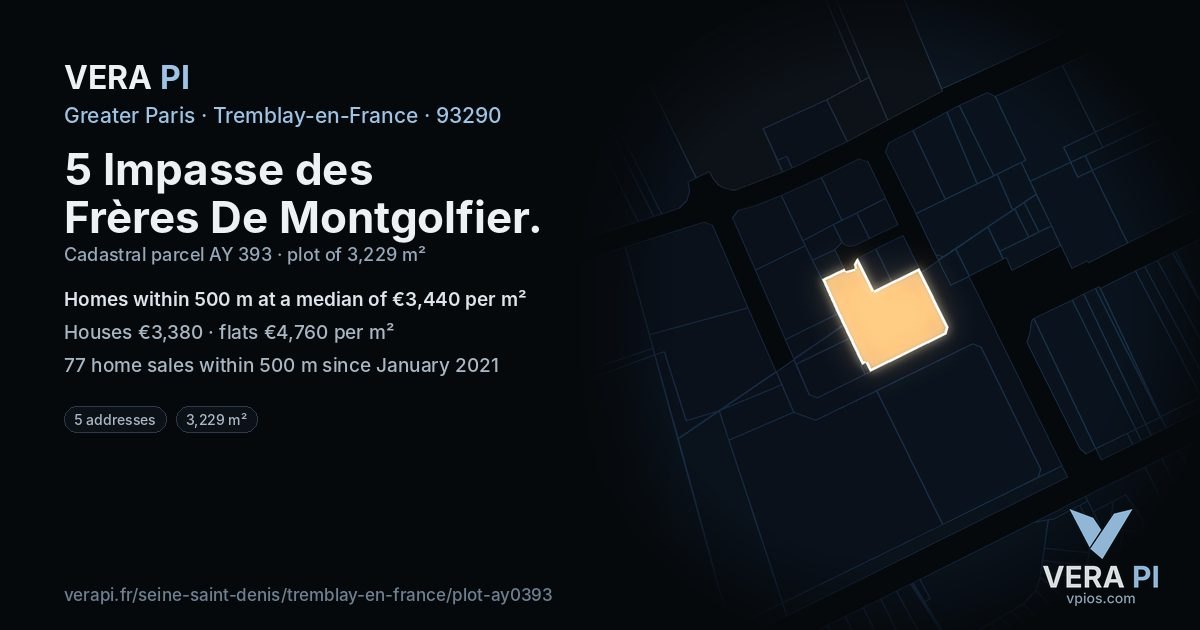 5 Impasse des Frères De Montgolfier, Tremblay-en-France at night – the plot lit, the parcels around coloured by the prices near them