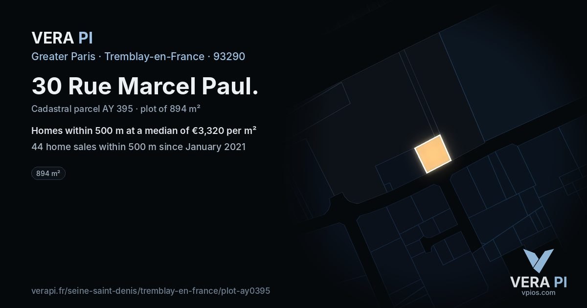 30 Rue Marcel Paul, Tremblay-en-France at night – the plot lit, the parcels around coloured by the prices near them