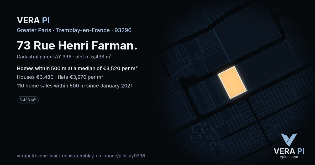 73 Rue Henri Farman, Tremblay-en-France at night – the plot lit, the parcels around coloured by the prices near them