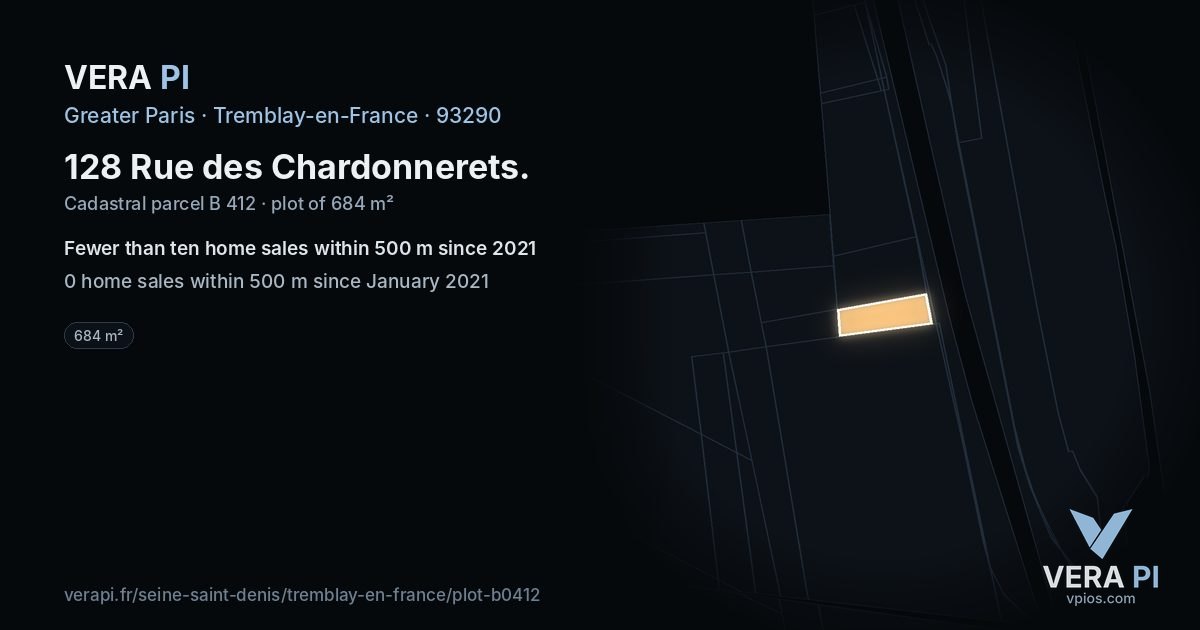 128 Rue des Chardonnerets, Tremblay-en-France at night – the plot lit, the parcels around coloured by the prices near them