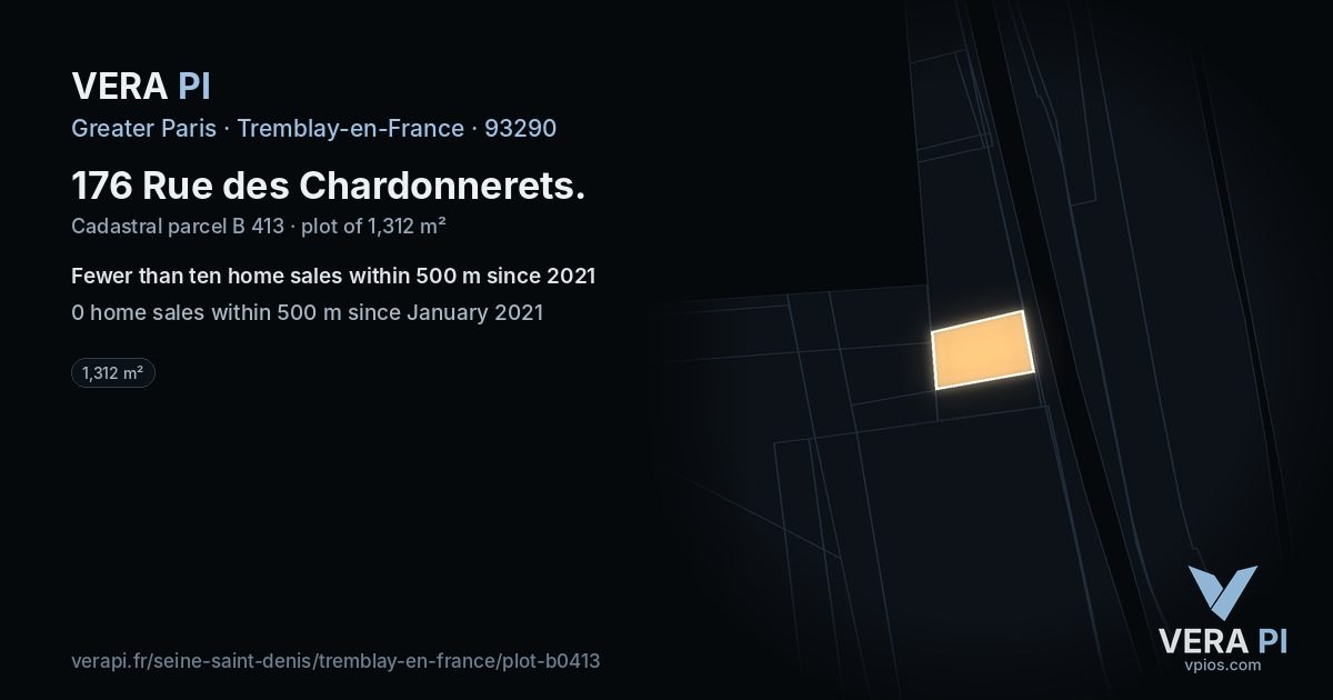 176 Rue des Chardonnerets, Tremblay-en-France at night – the plot lit, the parcels around coloured by the prices near them