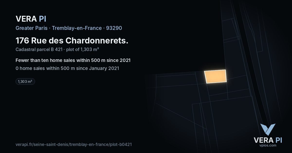 176 Rue des Chardonnerets, Tremblay-en-France at night – the plot lit, the parcels around coloured by the prices near them