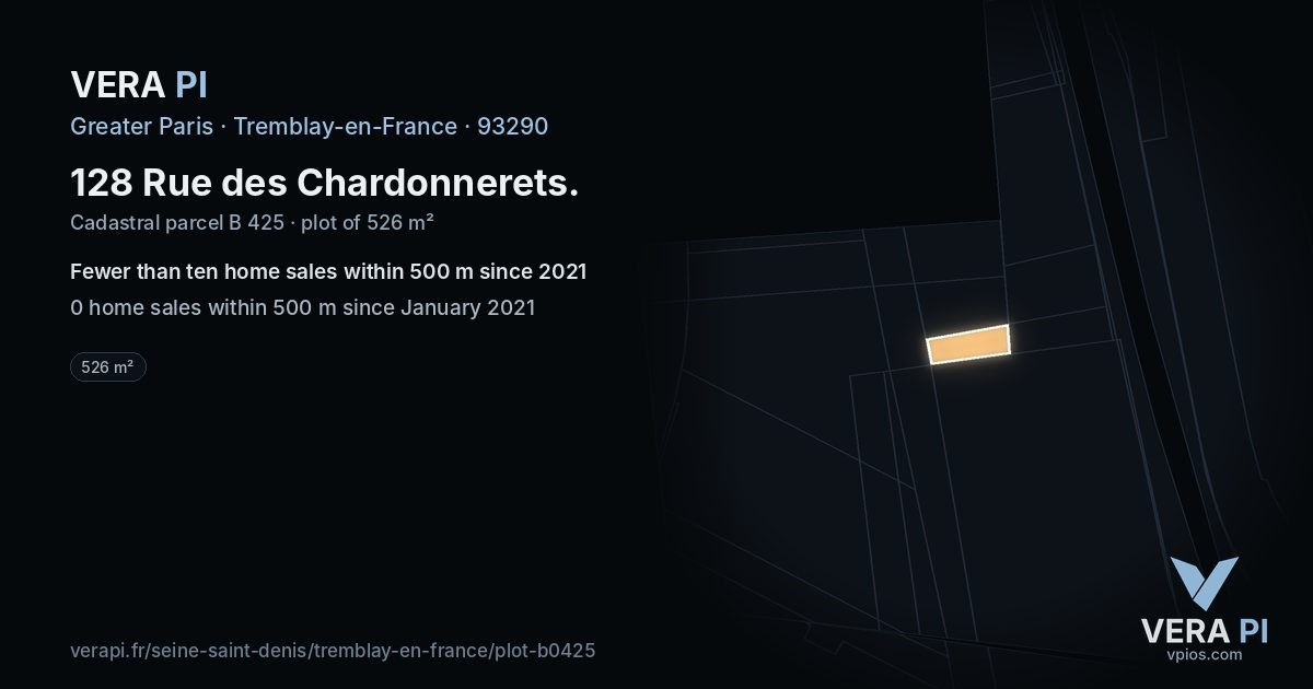 128 Rue des Chardonnerets, Tremblay-en-France at night – the plot lit, the parcels around coloured by the prices near them