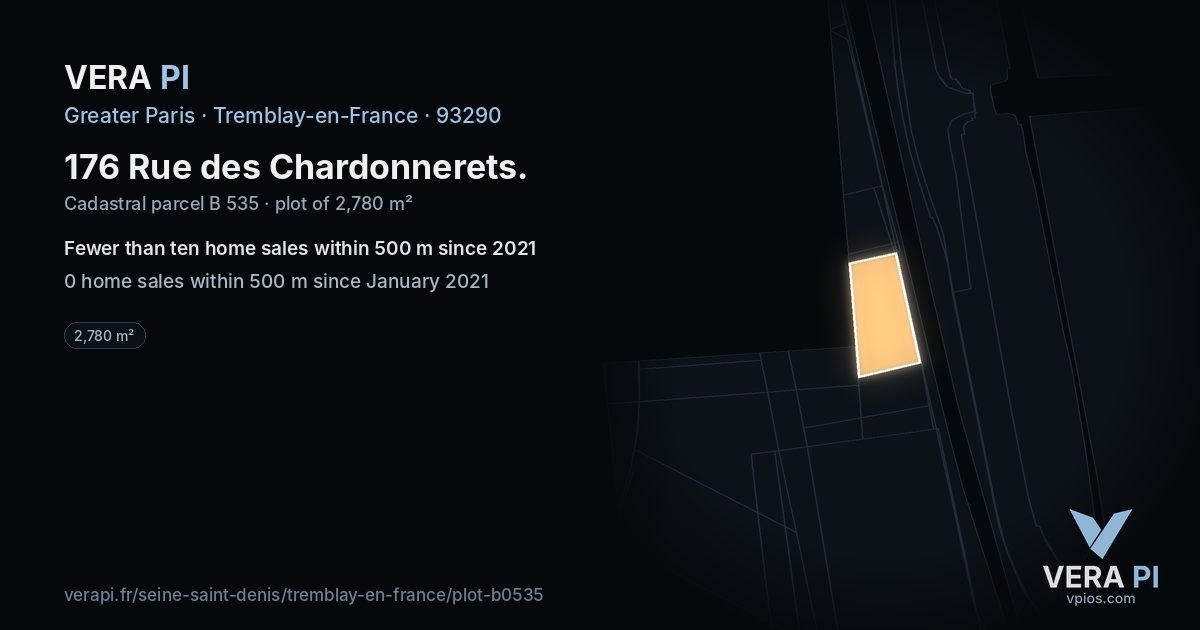 176 Rue des Chardonnerets, Tremblay-en-France at night – the plot lit, the parcels around coloured by the prices near them