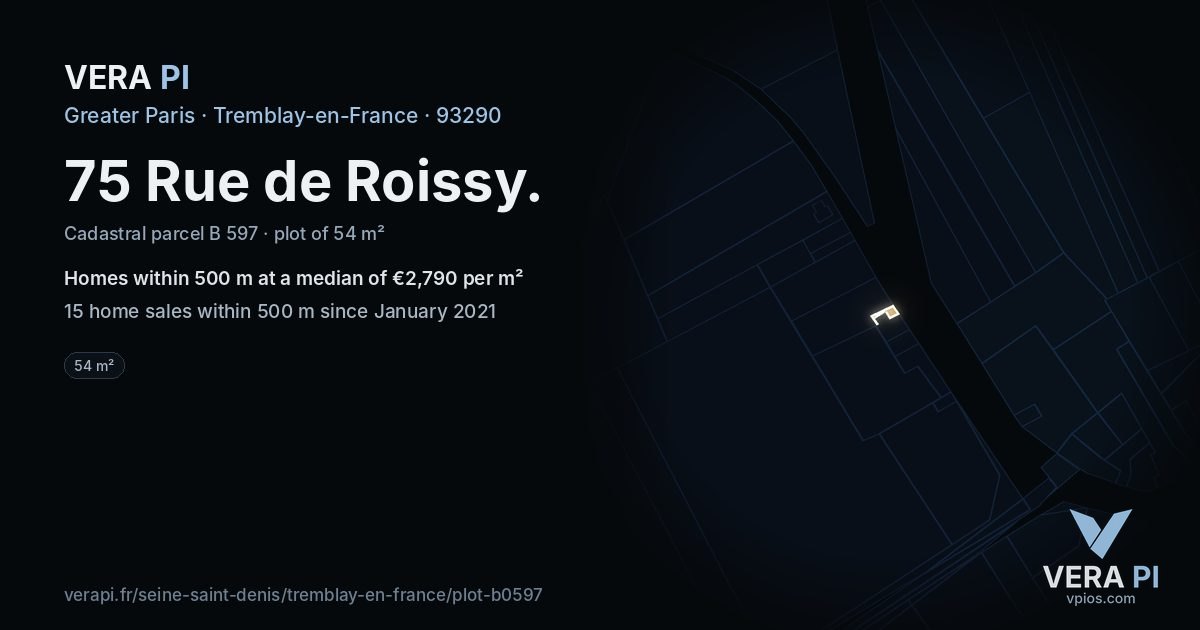 75 Rue de Roissy, Tremblay-en-France at night – the plot lit, the parcels around coloured by the prices near them