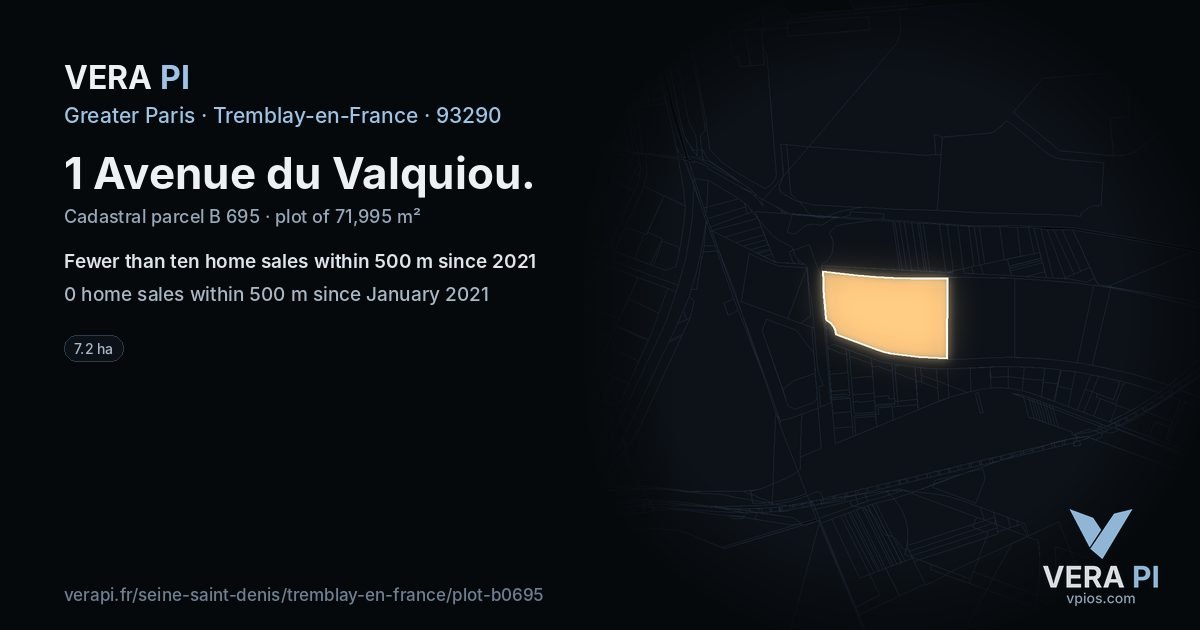 1 Avenue du Valquiou, Tremblay-en-France at night – the plot lit, the parcels around coloured by the prices near them