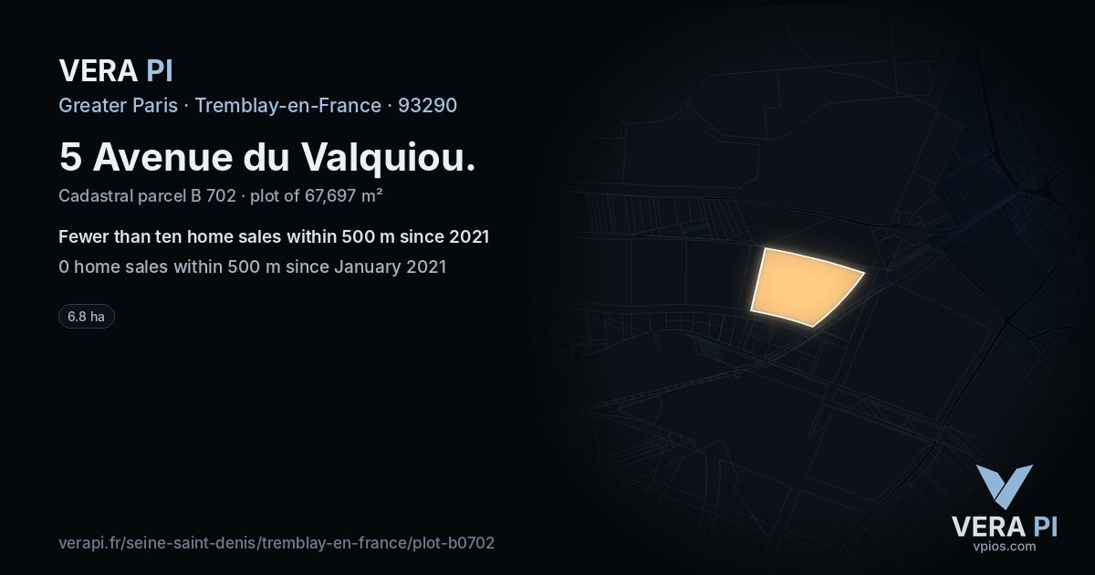 5 Avenue du Valquiou, Tremblay-en-France at night – the plot lit, the parcels around coloured by the prices near them