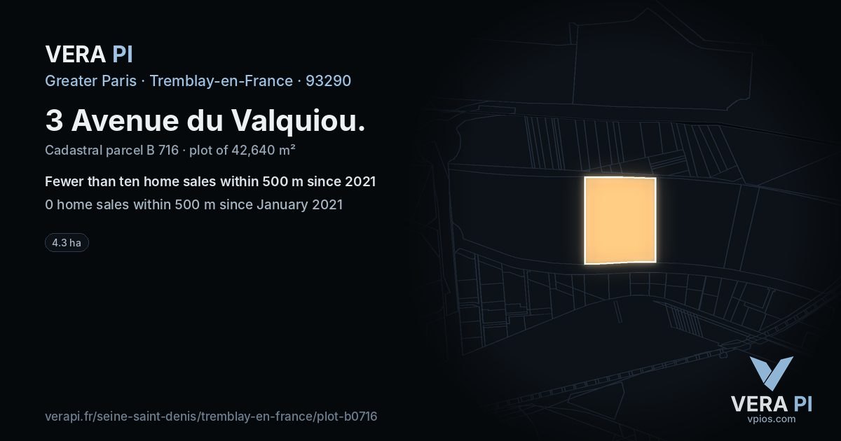 3 Avenue du Valquiou, Tremblay-en-France at night – the plot lit, the parcels around coloured by the prices near them