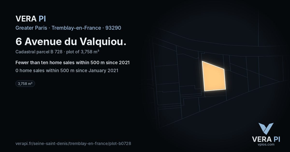 6 Avenue du Valquiou, Tremblay-en-France at night – the plot lit, the parcels around coloured by the prices near them
