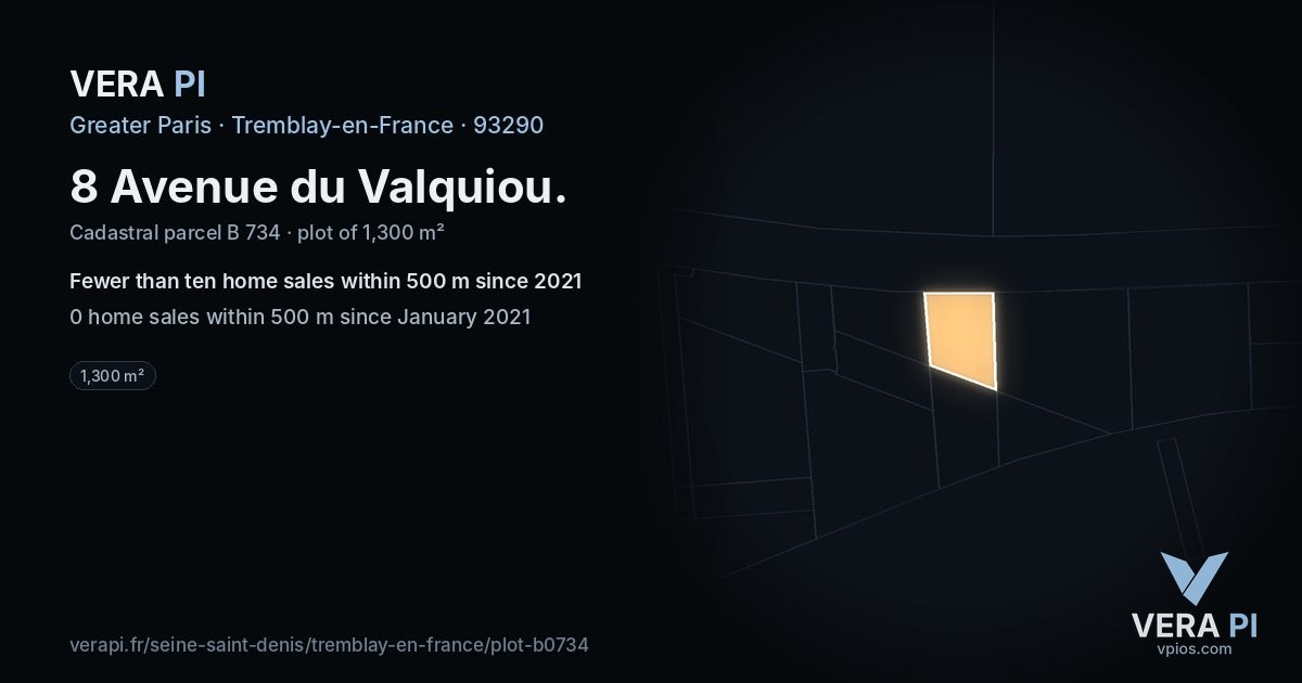 8 Avenue du Valquiou, Tremblay-en-France at night – the plot lit, the parcels around coloured by the prices near them