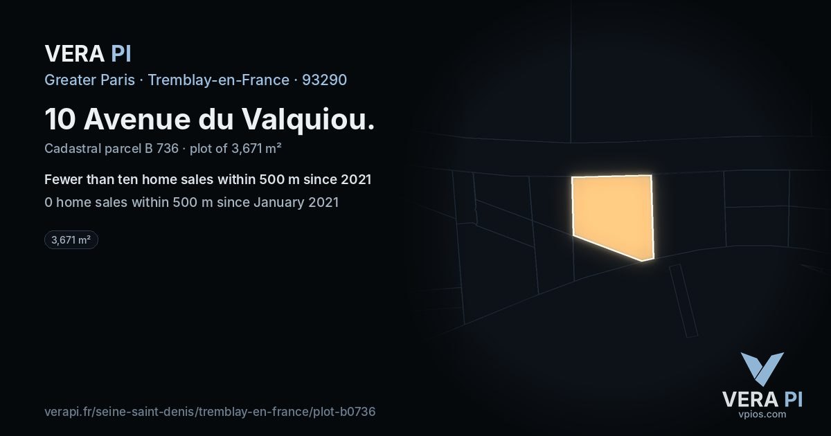 10 Avenue du Valquiou, Tremblay-en-France at night – the plot lit, the parcels around coloured by the prices near them