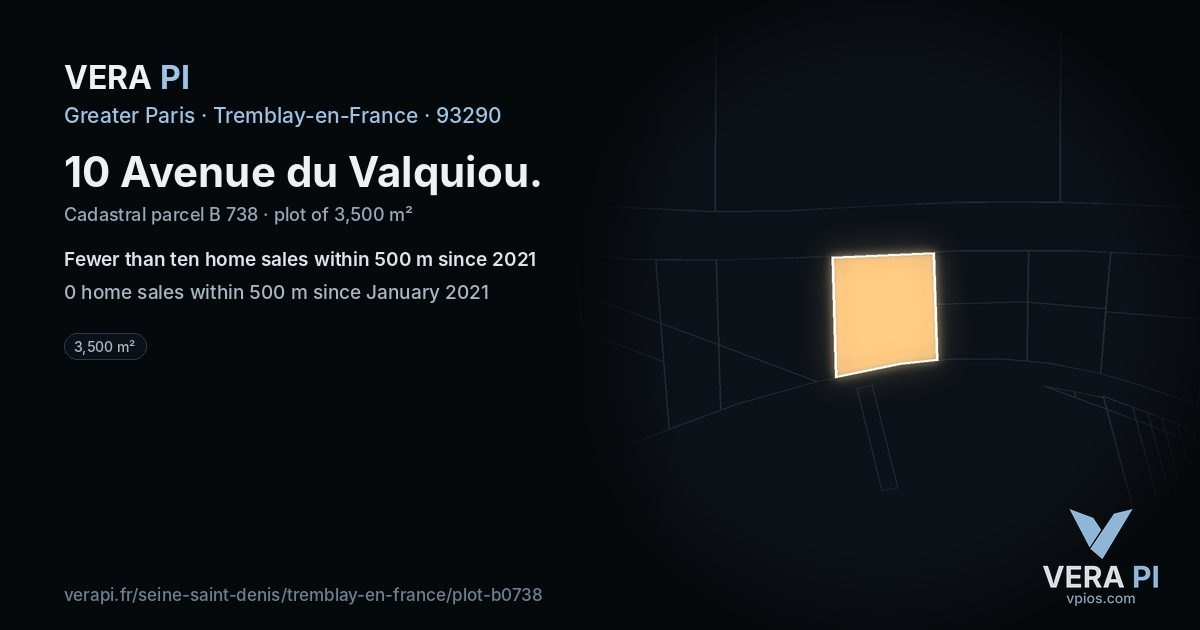 10 Avenue du Valquiou, Tremblay-en-France at night – the plot lit, the parcels around coloured by the prices near them