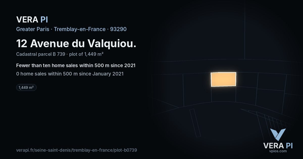 12 Avenue du Valquiou, Tremblay-en-France at night – the plot lit, the parcels around coloured by the prices near them