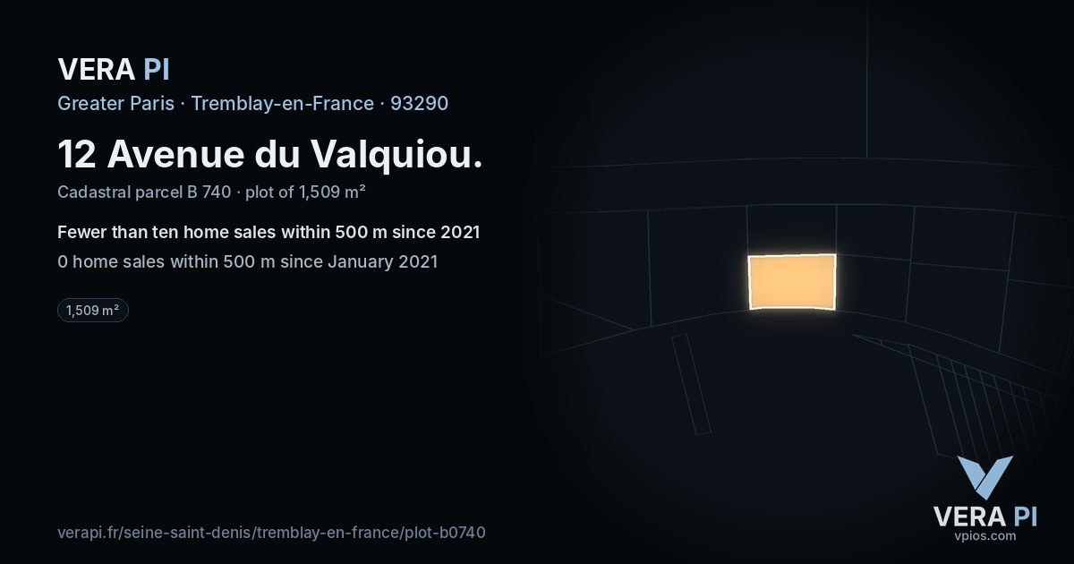 12 Avenue du Valquiou, Tremblay-en-France at night – the plot lit, the parcels around coloured by the prices near them