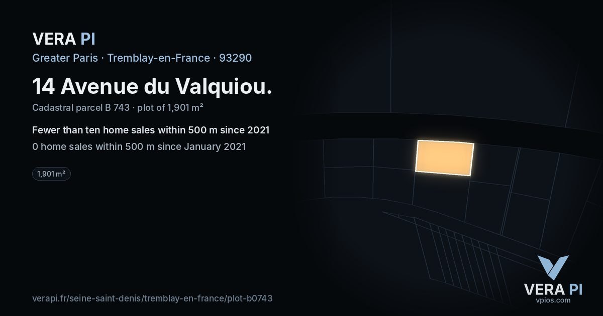 14 Avenue du Valquiou, Tremblay-en-France at night – the plot lit, the parcels around coloured by the prices near them