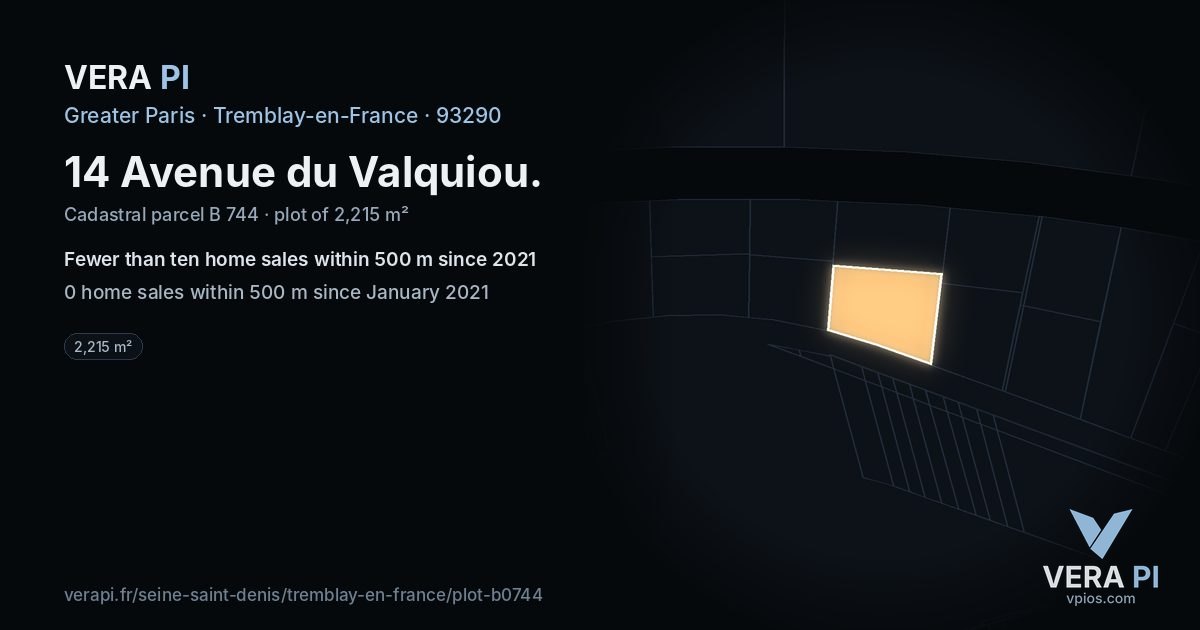 14 Avenue du Valquiou, Tremblay-en-France at night – the plot lit, the parcels around coloured by the prices near them