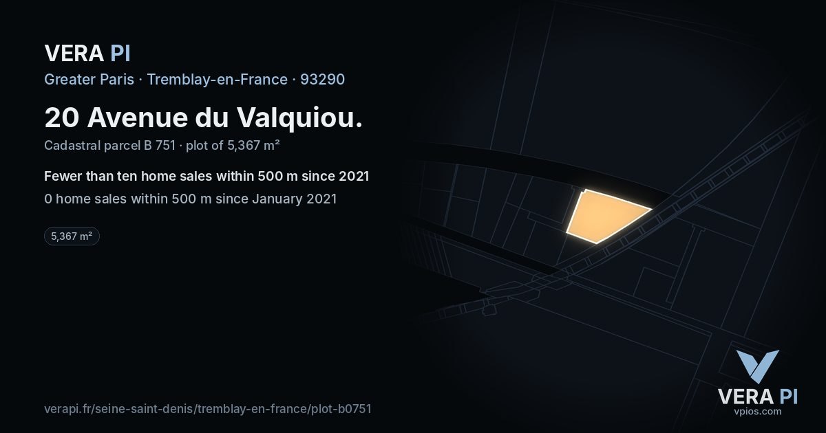 20 Avenue du Valquiou, Tremblay-en-France at night – the plot lit, the parcels around coloured by the prices near them