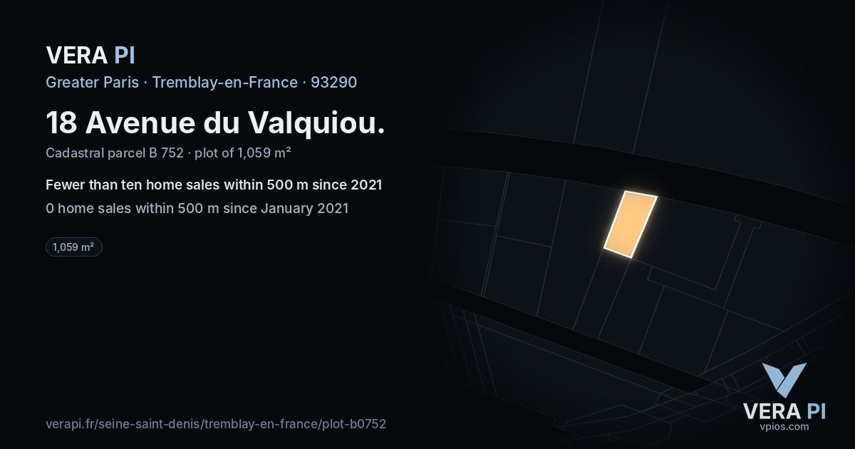 18 Avenue du Valquiou, Tremblay-en-France at night – the plot lit, the parcels around coloured by the prices near them