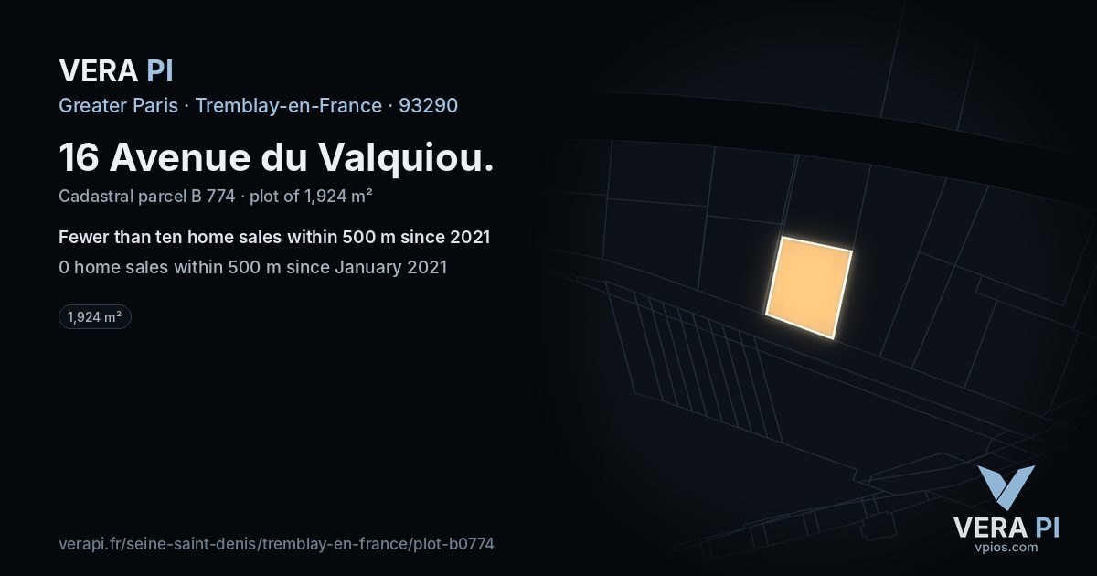 16 Avenue du Valquiou, Tremblay-en-France at night – the plot lit, the parcels around coloured by the prices near them