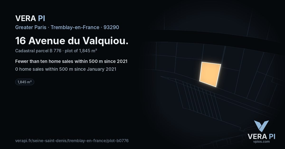 16 Avenue du Valquiou, Tremblay-en-France at night – the plot lit, the parcels around coloured by the prices near them