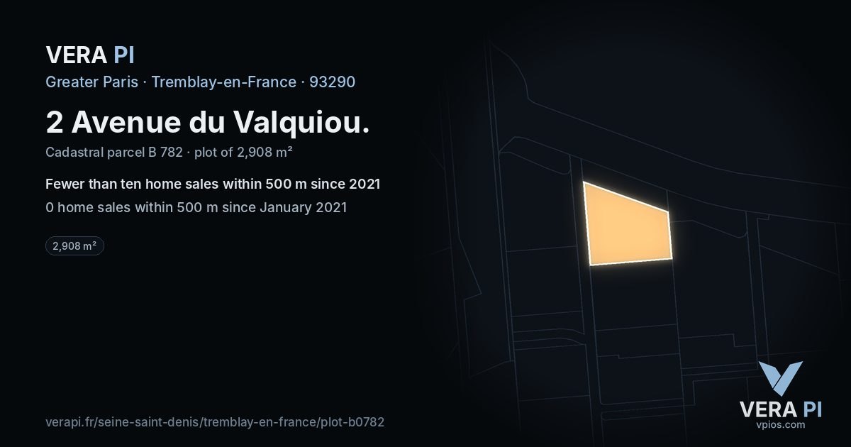 2 Avenue du Valquiou, Tremblay-en-France at night – the plot lit, the parcels around coloured by the prices near them