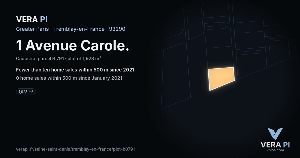 1 Avenue Carole, Tremblay-en-France at night – the plot lit, the parcels around coloured by the prices near them