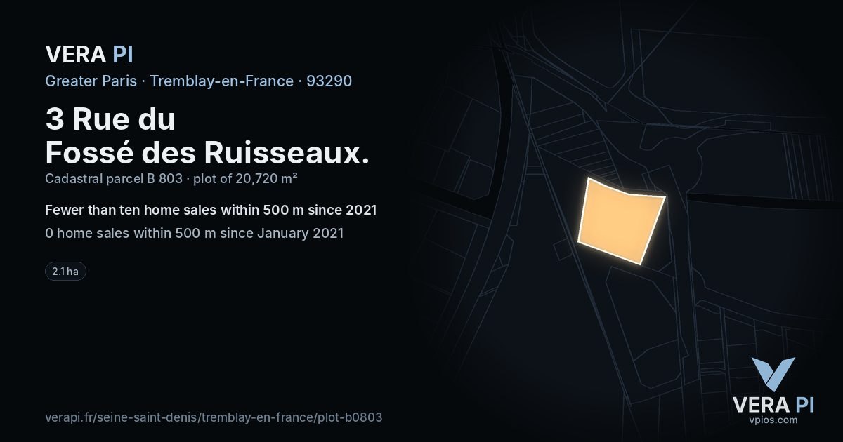 3 Rue du Fossé des Ruisseaux, Tremblay-en-France at night – the plot lit, the parcels around coloured by the prices near them