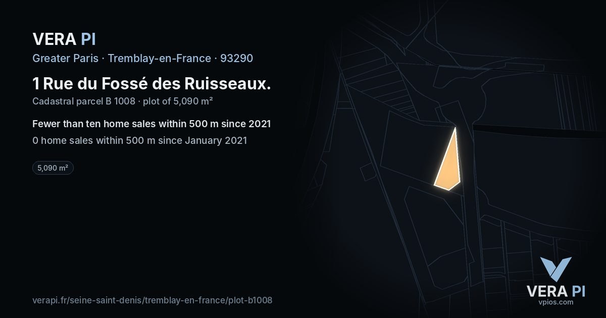 1 Rue du Fossé des Ruisseaux, Tremblay-en-France at night – the plot lit, the parcels around coloured by the prices near them