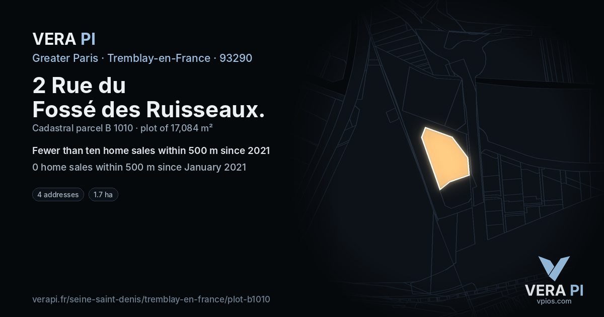 2 Rue du Fossé des Ruisseaux, Tremblay-en-France at night – the plot lit, the parcels around coloured by the prices near them