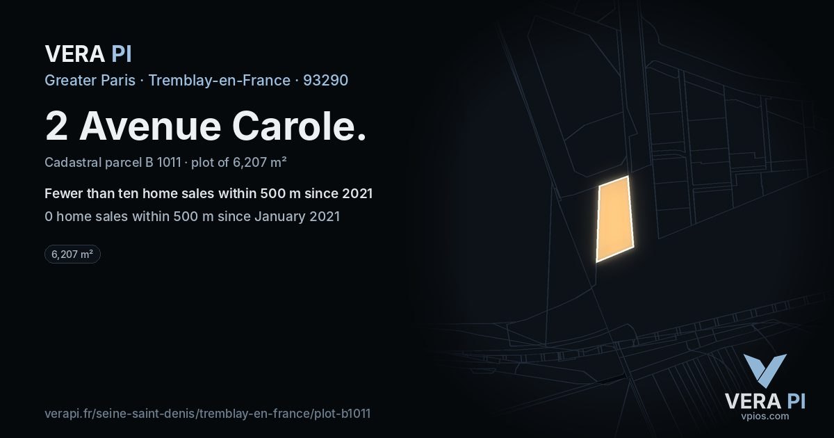 2 Avenue Carole, Tremblay-en-France at night – the plot lit, the parcels around coloured by the prices near them